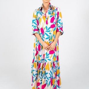 LONG DRESS WITH SLEEVES - WHITE ROSE BLUE & YELLOW